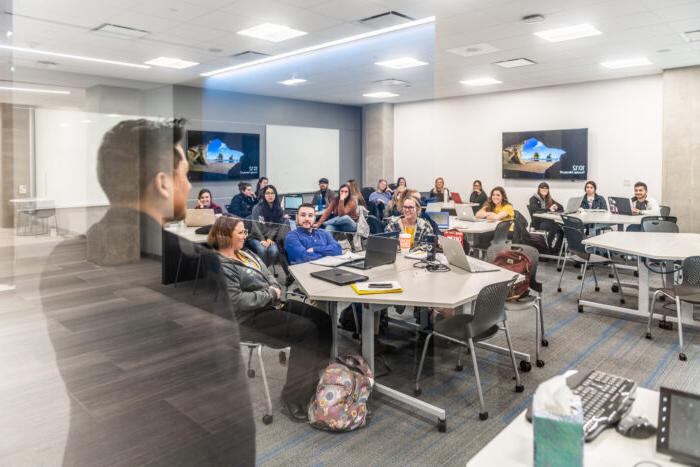 A professor lecturing to a class of students